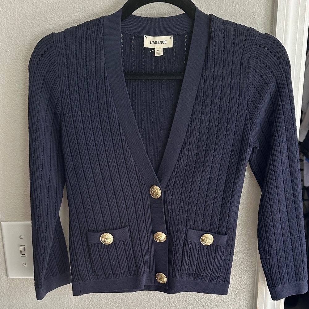 L'AGENCE Navy Blue Cardigan with Gold Buttons